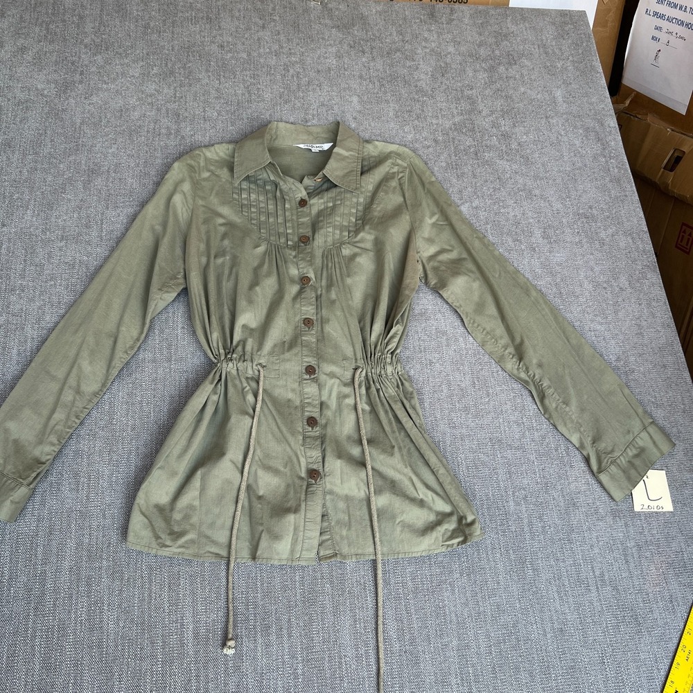 TRAMP Shirt Top Womens Large Green Pleated Drawstring Waist Collared Button Up